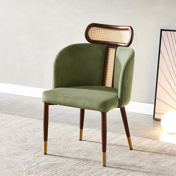 Modern Green Velvet Dining Chair Curved Back Rattan Dining Room Chairs (Set of 2)